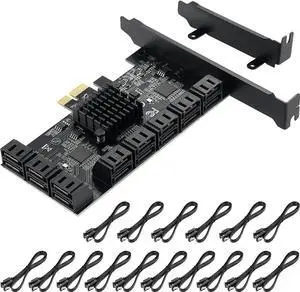 Aomoproing PCIE 1X SATA Card 16 Ports,with 16 SATA Cables and Low Profile Bracket,PCIE to SATA 3.0 6 Gbps Controller,PCIE to SATA Expansion Card,SATA Controller,SATA PCIE Card,ASM1064+3JMB575 Chips