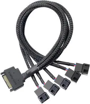 Aomoproing SATA Cooler Fan Adapter Cable - 15 Pin to 3/4 Pin Fan Splitter - 1.1Ft (Black - 1 to 5)