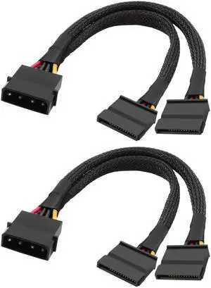 Aomoproing IDE to Dual SATA Power Y Splitter Cable 4 Pin IDE Male to Dual SATA 15 pin Female Splitter Supply Power Cord Extension Cable for HDD SSD DVD Hard Disk Drive - 2PCS
