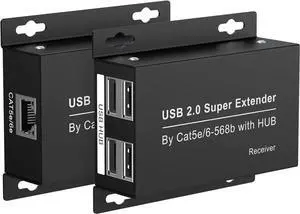 Aomoproing USB Extender Over Ethernet 200ft USB2.0 HUB RJ45 Cat5e 6 up to 480Mbps with Power Adapter 2 Cameras Work in Sync Support Windows MacOS Android Linux
