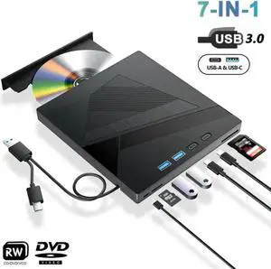 7-in-1 External CD/DVD Drive for Laptop, USB 3.0 and Type-C Portable DVD Player CD/DVD +/-RW Burner,Reader Rewriter Writer Disk Duplicator Compatible with Windows XP/7/8/10, Linux MacOS