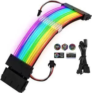 Power Supply Sleeved Cable, Customization 24 Pin Atx Rgb Cable Extension Kit 16Awg, 5V 3Pin Synchronized Psu Cable For Rgb Software From All Major Motherboard Cable Management