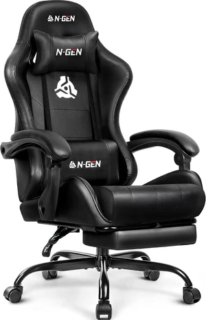 N-GEN GAMING Gaming Chair with Footrest, Lumbar, High-Back, All Black N-GEN GAMING Gaming Chair with Footrest, Lumbar, High-Back, All Black
