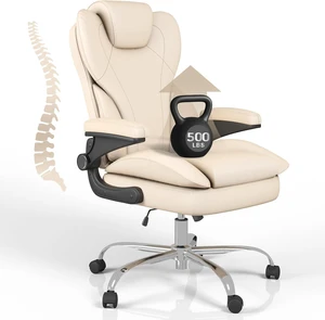 Home Office Chair with Flip-Up Arms, Leather Executive Desk Chair, Beige Home Office Chair with Flip-Up Arms, Leather Executive Desk Chair, Beige