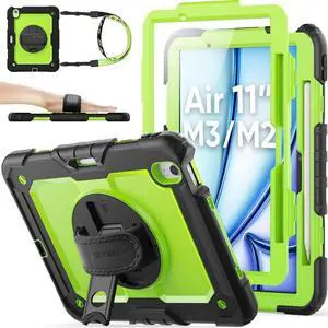 for iPad Air 11 inch Protective Case M3 2025/ M2 2024 (Air 7th/6th Generation), Heavy Duty Case with Screen Protector, Pencil Holder, Rotating Stand, Hand Strap, Shoulder Strap, Green