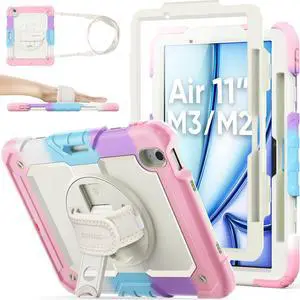 for iPad Air 11 inch Protective Case M3 2025/ M2 2024 (Air 7th/6th Generation), Heavy Duty Case with Screen Protector, Pencil Holder, Rotating Stand, Hand Strap, Shoulder Strap, Pink