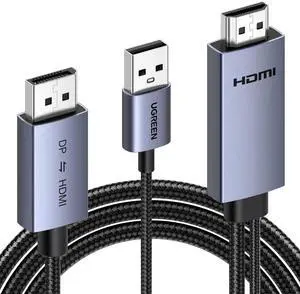 UGREEN 4K@60Hz Bidirectional HDMI to Displayport Cable Male to Male Adapter DP 1.2, HDCP 2.2, HDMI 1.4 4K@30Hz with USB Powered Compatible with Laptops, PC, Switch 2/PS5/Xbox/AMD/NVIDIA/Monitor, 6.6FT