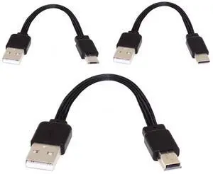 3 Pack USB Short Flat Cable, USB 2.0 Type A to USB C/Micro/Mini USB 4 Wires 5V 2A Charge Data Extension Silicone Cable 4 Wires 30AWG 13cm