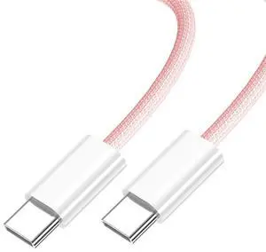 USB C Nylon Braided Cable USB C Male to Male 480Mbps Data Transfer PD 27W/65W Fast Charging Cable Pink 0.65FT/0.2M