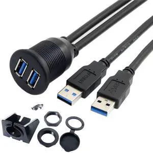 USB 3.0 Dual Port Flush Mount 2 Male to 2 Female Extension Cable for Car Dashboard Panel Mount