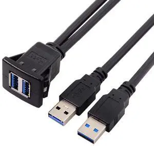 USB 3.0 Dual Port Flush Mount 2 Male to 2 Female Extension Cable for Car Dashboard Panel Mount