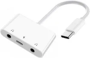 3 in 1 USB C to 2 3.5mm Audio AUX & MIC Sound Card Adapter with PD 15W Charge for Laptop Tablet Phone