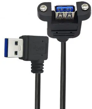12 Inch Short USB Extension Cable, USB 3.0 Male to Female 90 Degree Left Angled Panel Mount Type Cable with Screws