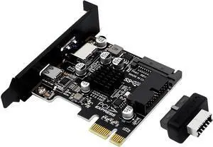 PH63C PCIe X1 to USB 3.0 A, USB-C, Type-E, 19/20-Pin Expansion Card with SATA 15-Pin Power and Aluminum Heatsink \u2013 Compatible with Desktop PC Windows/Linux/MacOS (Half-Height Baffle)