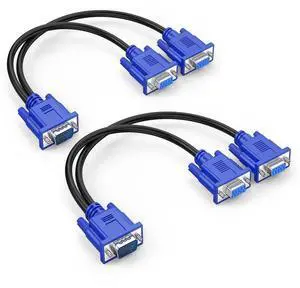 VGA 1 to 2 Splitter Cable Bi-Directional Data Transfer 1080P Male to Female Adapter 30cm for VGA Interface Desktop Monitor Game Consoles (Blue 2Pcs)