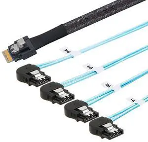 PCIE Slimline SAS 4.0 SFF-8654 38Pin to 4* SATA 7Pin Left Angle Cable  High Speed 30AWG Server Data Transfer Cable Compatible with RAID Controller, HDD, SSD (0.5M/19.68in)
