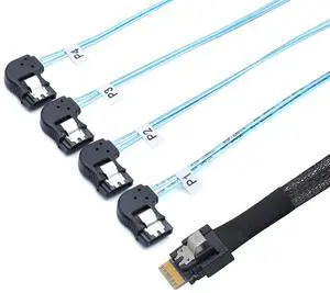 PCIE Slimline SAS 4.0 SFF-8654 38Pin to 4* SATA 7Pin Left Angle Cable \u2013 High Speed 30AWG Server Data Transfer Cable Compatible with RAID Controller, HDD, SSD (1m/39.37in)