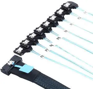 MCIO PCIe Slimline SFF-8654 8i to 8* SATA 7P Left Angle Female Hard Drive Converter Cable \u2013 32AWG High Speed Server Internal Harness (1M) MCIO PCIe Slimline SFF-8654 8i to 8* SATA 7P Left Angle Female Hard Drive Converter Cable \u2013 32AWG High Speed Server Internal Harness (1M)