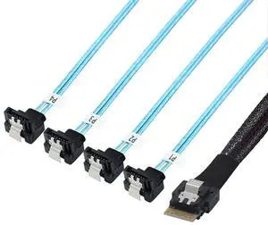 PCIe Slimline SAS 4.0 38pin SFF-8654 4i to 4X SATA 90 Degree Female Server Cable \u2013 30AWG High Speed Internal Harness (1m/39.37in)