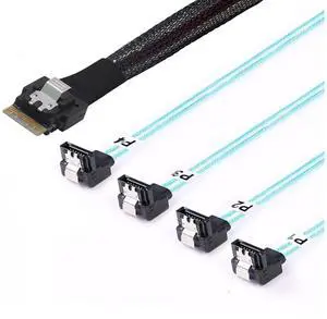 PCIe Slimline SAS 4.0 38pin SFF-8654 4i to 4X SATA 90 Degree Female Server Cable  30AWG High Speed Internal Harness (0.5M/19.68in)