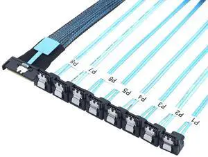 MCIO PCIe SAS SFF-8654 8i 74Pin to 8* SATA 7Pin Female 90-Degree Cable \u2013 32AWG High-Speed Server Hard Drive Adapter (0.8M)