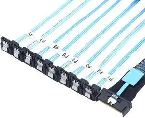 MCIO PCIe SAS SFF-8654 8i 74Pin to 8* SATA 7Pin Female 90-Degree Cable  32AWG High-Speed Server Hard Drive Adapter (0.5M)