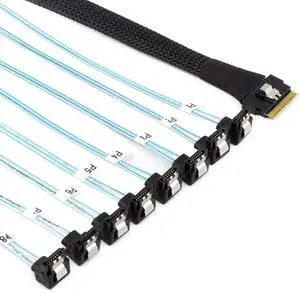 PCIe Slimline SAS SFF-8654 8i to 8* SATA 90 Degree Server Cable  24Gbps High Speed 32AWG 8 Channel Hard Drive Data Transfer Cord (0.5M)