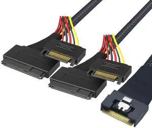 Slimline SFF-8654 8i to Dual SFF-8639 U.2 + 15-Pin Cable \u2013 24Gbps High-Speed Server Interconnect, 85 Ohm Copper Wire (0.8m)