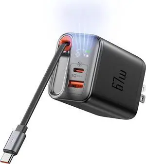 Mcdodo 67W USB C Charger Block with Retractable Type-C Cable, Dual Port (USB A+C) Foldable Wall Charger GaN Fast Charging Bolck Fit iPhone 16 15 Pro/ProMax/Plus, Galaxy, iPad, MacBook (Black)