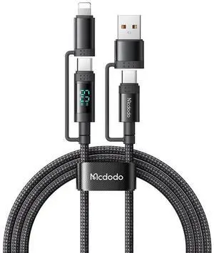 mcdodo 4-in-1 Charging Cable with Digital Display,60W USB C Multi Charging Cable with Type-C/USB-A/Lightning Port for iPhone 16 15 14 13 iPad Galaxy MacBook and More(4FT)