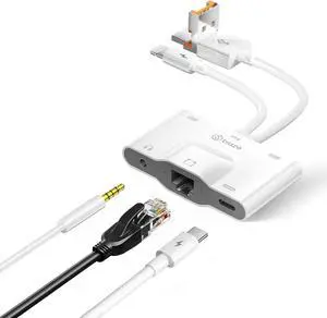 USB to Ethernet Adapter, 5 in 1 RJ45 Ethernet LAN Network Adapter with 3.5mm Audio Port, USB C Port and USB Port Compatible with iPhone 16/15, Laptop, MacBook, PC with Windows (RJ45 5-in-1 USB hub)