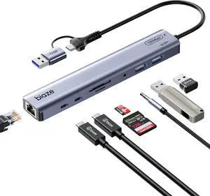 9-in-1 USB/USB C Hub Adapter for MacBook, iPhone,3 USB Ports (2xUSB 3.0, USB 2.0), 100M Ethernet, SD/TF Card Reader, 3.5mm Audio, 2X USB-C Data Ports,No Driver Required