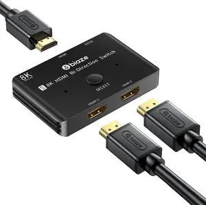 HDMI 2.1 Bi-Directional Switch/Splitter  8K@60Hz, 4K@120Hz, 48Gbps, 2-in-1 (2x1 or 1x2 Mode), USB-Powered, Ultra HD for Gaming & Home Theater