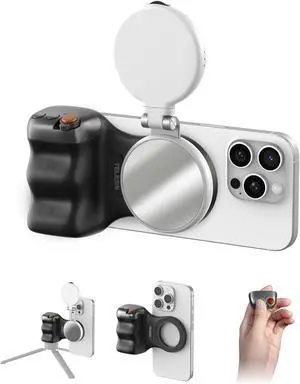 TELESIN Fun Shot Magnetic Phone Camera DSLR Style Shutter Grip (Black) + C03 Magnetic Phone Selfie Light (White) Compatible with iPhone Magsafe