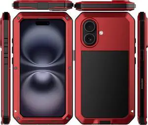 for iPhone 16 Metal Case 6.1",Heavy Duty Shockproof Aluminum Alloy Tough Armour Military Grade Phone Case,360 Full Body Protective Cover with Silicone Built-in Screen Protector - Red for iPhone 16 Metal Case 6.1",Heavy Duty Shockproof Aluminum Alloy Tough Armour Military Grade Phone Case,360 Full Body Protective Cover with Silicone Built-in Screen Protector - Red