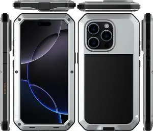 for iPhone 16 Pro Max Metal Case 6.9",Heavy Duty Shockproof Aluminum Alloy Tough Armour Military Phone Case,360 Full Body Protective Cover with Silicone Built-in Screen Protector - Silver for iPhone 16 Pro Max Metal Case 6.9",Heavy Duty Shockproof Aluminum Alloy Tough Armour Military Phone Case,360 Full Body Protective Cover with Silicone Built-in Screen Protector - Silver
