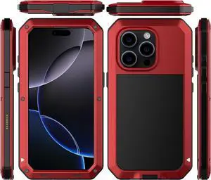 for iPhone 16 Pro Max Metal Case 6.9",Heavy Duty Shockproof Aluminum Alloy Tough Armour Military Phone Case,360 Full Body Protective Cover with Silicone Built-in Screen Protector - Red for iPhone 16 Pro Max Metal Case 6.9",Heavy Duty Shockproof Aluminum Alloy Tough Armour Military Phone Case,360 Full Body Protective Cover with Silicone Built-in Screen Protector - Red