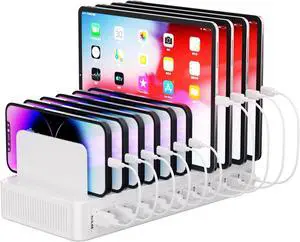 Charging Station for Multiple Devices, 100W 10 Ports Charging Dock with 10 Cables Smart IC Tech and Adjustable Dividers Type-C,Multi USB Charger for iPhone Galaxy iPad Tablet,White