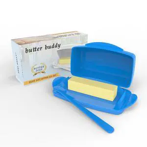 SOUL CREAT Butter Dishes with Lid for Countertop Refrigerator, Plastic Butter Dish Flip Top Lid Butter Container with Spreader, Non-Slip Bottom Butter Holder Keeper Blue