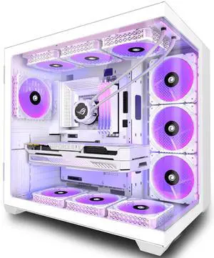 ANSAITE PC Case - Pre-Installed 9 PWM ARGB Fan, ATX Mid-Tower Gaming PC Case, 270° Panoramic Glass with Type-C,White case(W9)