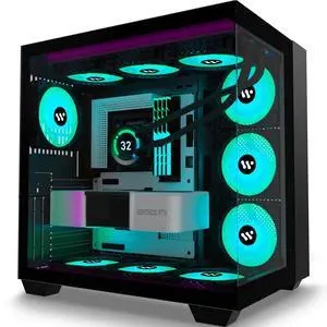 ANSAITE PC CASE ATX 9 PWM ARGB Fans Pre-Installed, Mid-Tower Gaming PC Case, Panoramic Tempered Glass Computer Case with Type-C,360mm Radiator Support (H9)