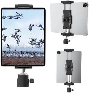 Universal Tablet Tripod Mount Adapter for iPad with 360° Rotatable Ball Head &1/4" Screw Thread, Adjustable Clamp for 6-15.6" Phones & Tablets, Suitable for Streaming, Video Calls & Photography