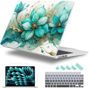 Lepeoac Case for MacBook Air 15 Inch 2025 2024 2023 Release M4 A3241 M3 A3114 M2 A2941, Hard Shell with Screen Protector & Keyboard Cover, Compatible with Touch ID, Green Floral