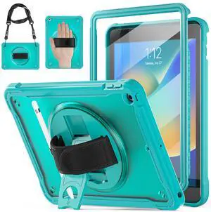 BRAECNstock Case for iPad 9th/8th/7th Generation 10.2 inch 2021/2020/2019,Fully Rugged Protective Cover for Kids with Pencil Holder,Screen Protector,360 Rotating Stand & Hand Strap,Light Blue