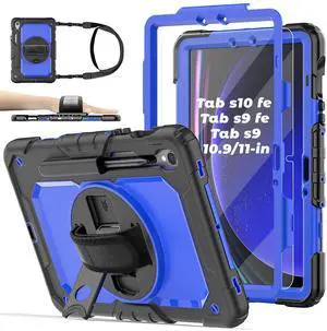 BASE MALL Case for Samsung Galaxy Tab S10 FE/S9 FE/S9 Tablet Case 10.9/11-inch 2023 with Tempered Glass Screen Protector, Rotatable Kickstand/Hand & Shoulder Strap/S Pen Holder (Blue)