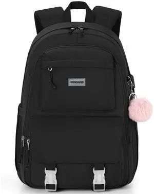 WINDARS Backpacks for Girls, 15.6 Inch School Bag Cute Waterproof Laptop Bookbag Large College Backpack for Teen Women Students Anti Theft Travel Daypack, Black