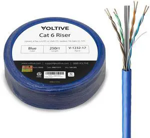 Voltive Cat6 Riser (CMR), 250ft, Blue - Solid Bare Copper Bulk Ethernet Cable - UTP - 600MHz - UL Certified & ETL Verified