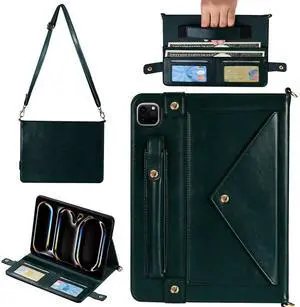 Handbag Case for iPad Pro 11" M4 2024 5th Gen, Techcircle Folio Stand PU Leather Hand Strap Cover Crossbody Wallet Case with Pencil Holder+Card Slots, Midnight Green