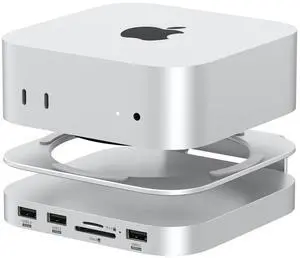 Qwiizlab Aluminum Stand Hub for Mac mini M4/M4 Pro, Docking Station with with NVMe SSD Enclosure, 2 USB-A 10Gbps, TF/SD 4.0 Card Readers 312MB/s, USB-A 2.0, Fits M.2 NVMe SSD up to 8TB
