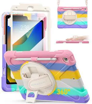 BRAECN Case for ipad 9th/8th/7th Generation 10.2'' Heavy Duty Screen Protector 360° Rotating Stand Handle Pencil Holder Shockproof Drop Protection Shoulder/Hand Strap Durable Kids-Friendly